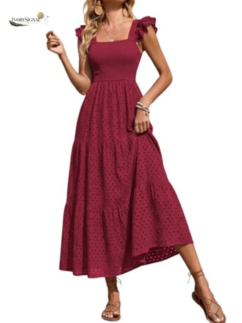 Womens Square Neck Maxi Dress Cap Sleeve Eyelet Smocked A Line Flowy